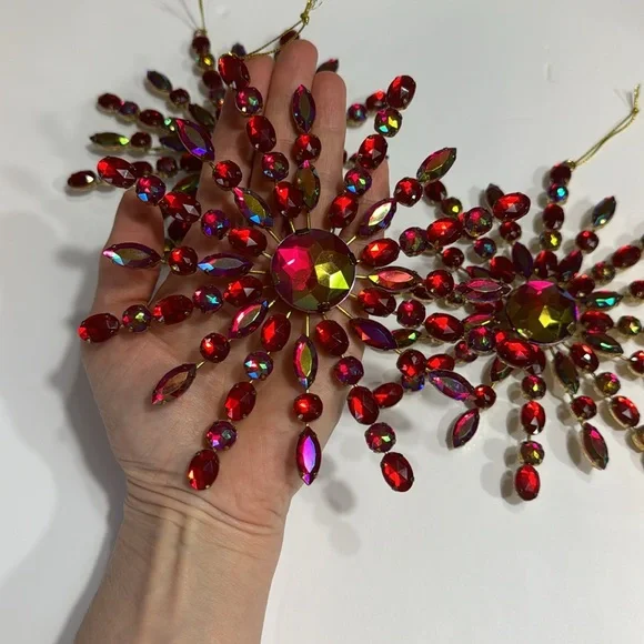 IRIDESCENT RED BEADED STARBURST ORNAMENTS SET OF 3 - Picture 2 of 4